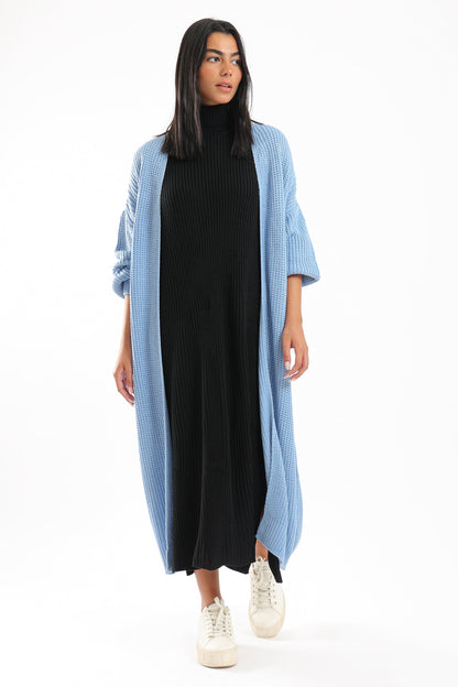 Long Knitted Cardigan With Puff Sleeves - Light Blue