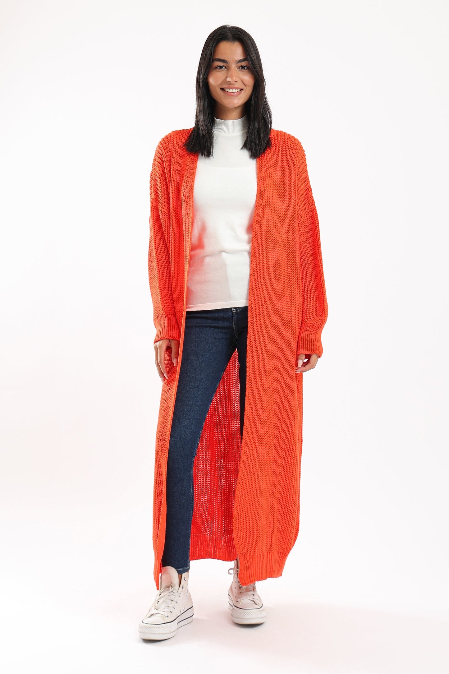 Long Knitted Cardigan With Puff Sleeves - Orange