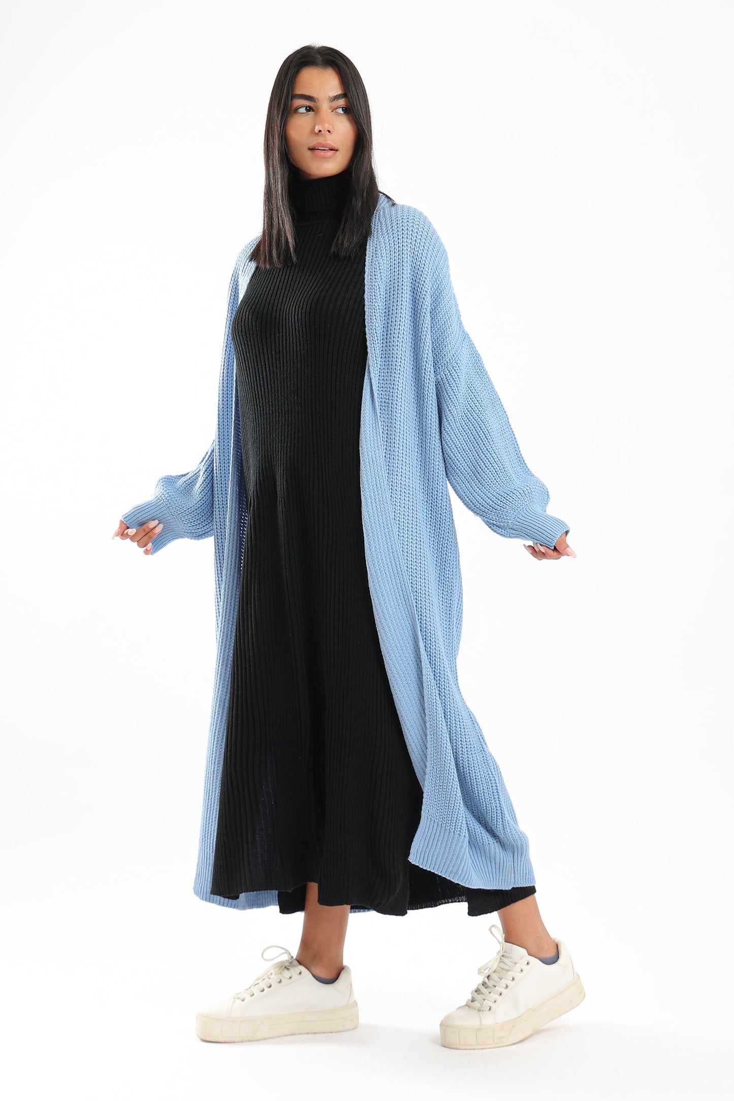 Long Knitted Cardigan With Puff Sleeves - Light Blue