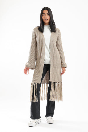 Long Wool Cardigan With Fringed Hems - Clue Wear