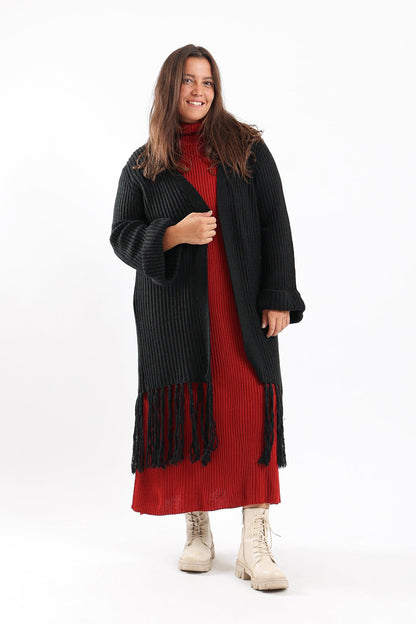 Long Wool Cardigan With Fringed Hems - Clue Wear