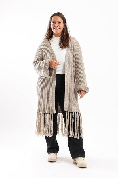 Long Wool Cardigan With Fringed Hems - Clue Wear