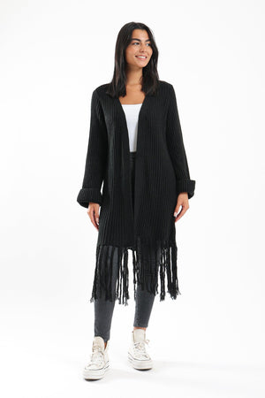 Long Wool Cardigan With Fringed Hems - Clue Wear