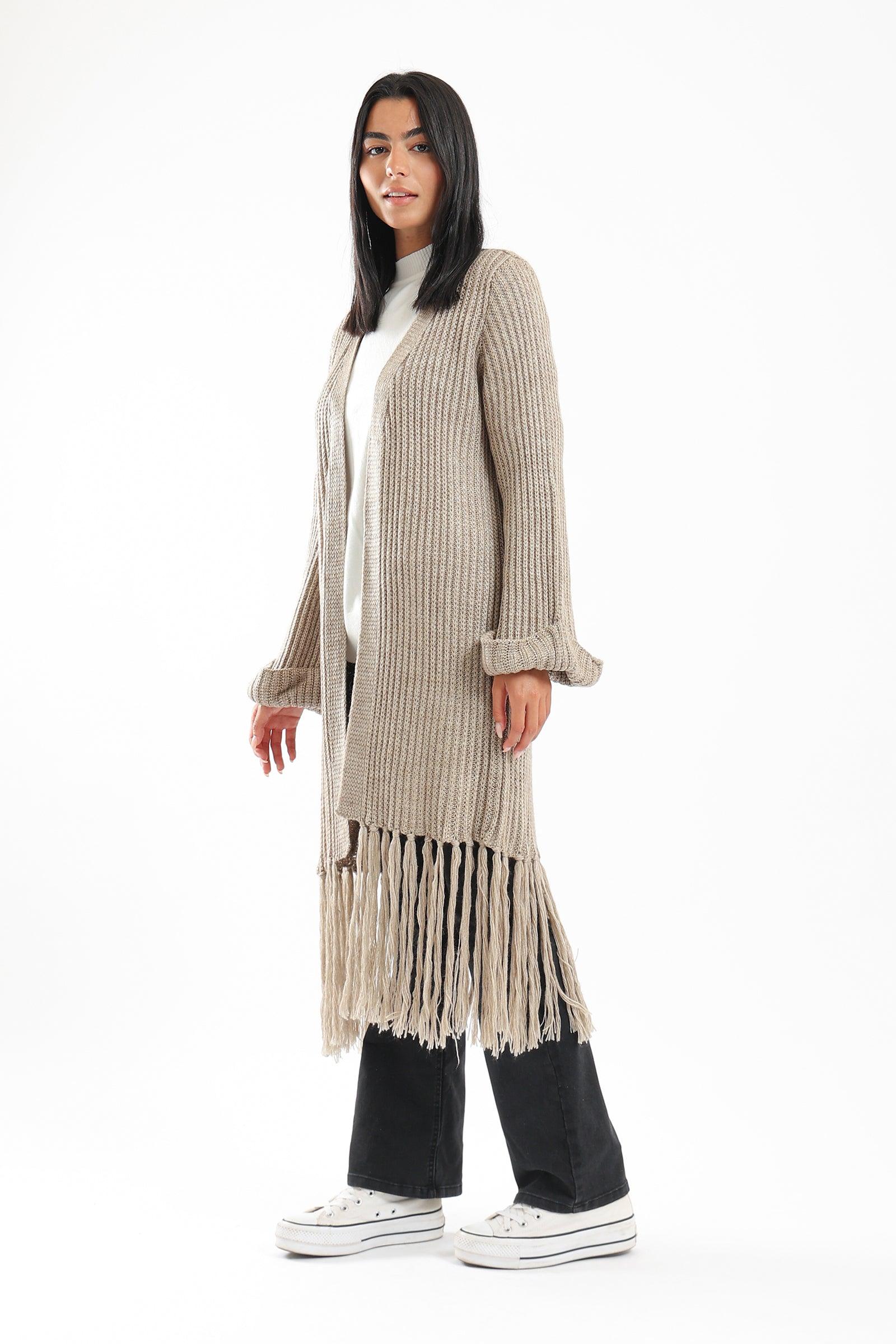 Long Wool Cardigan With Fringed Hems - Clue Wear