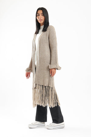 Long Wool Cardigan With Fringed Hems - Clue Wear