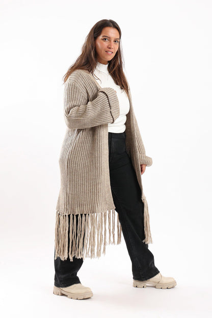 Long Wool Cardigan With Fringed Hems - Clue Wear