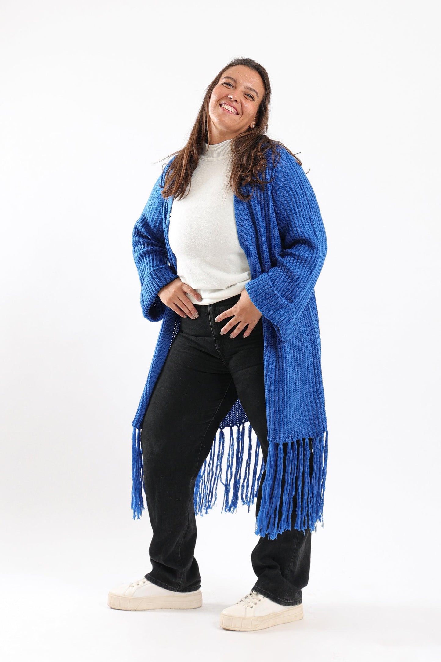 Long Wool Cardigan With Fringed Hems - Clue Wear