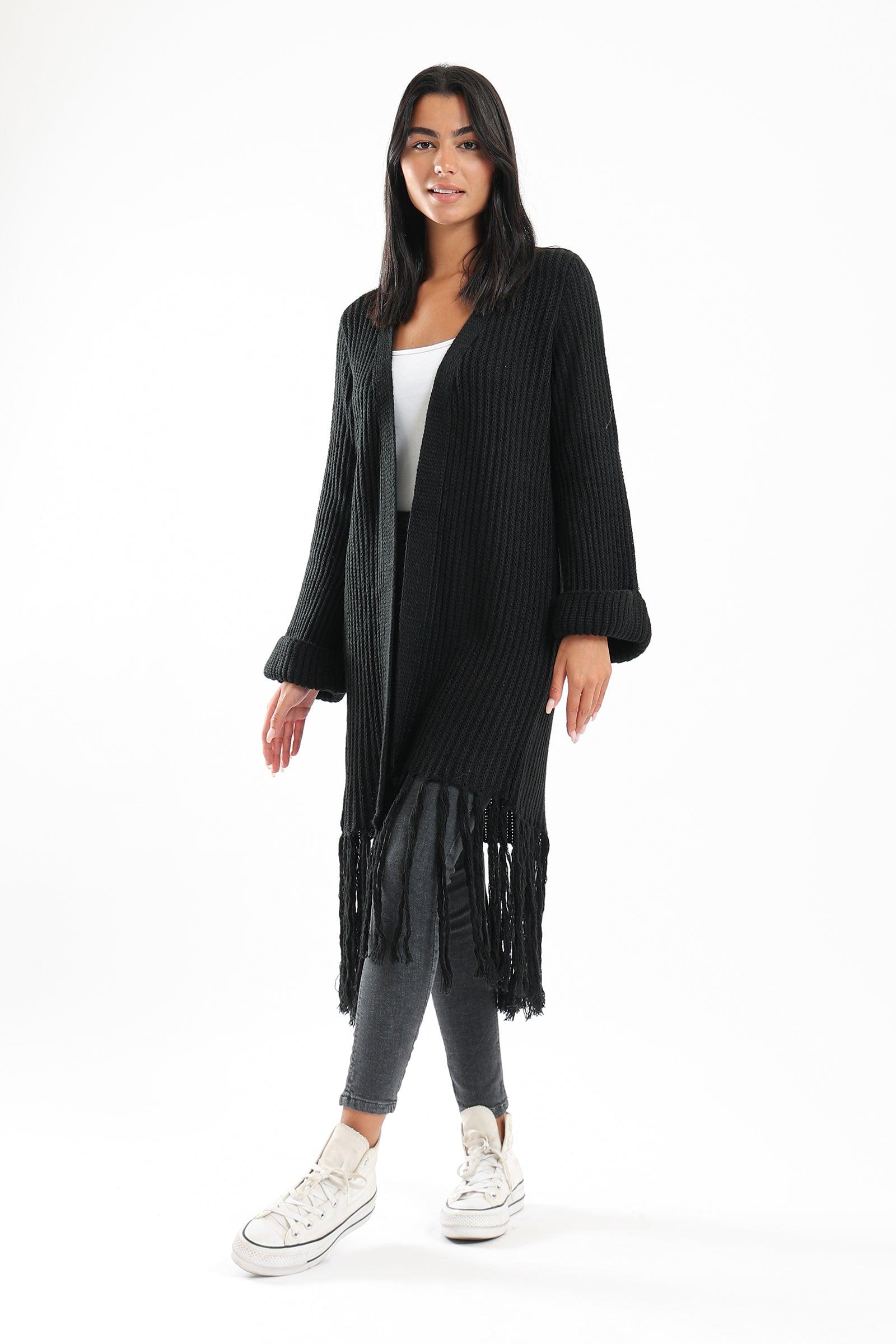 Long Wool Cardigan With Fringed Hems - Clue Wear