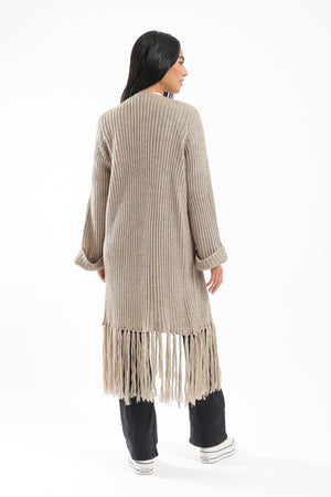 Long Wool Cardigan With Fringed Hems - Clue Wear