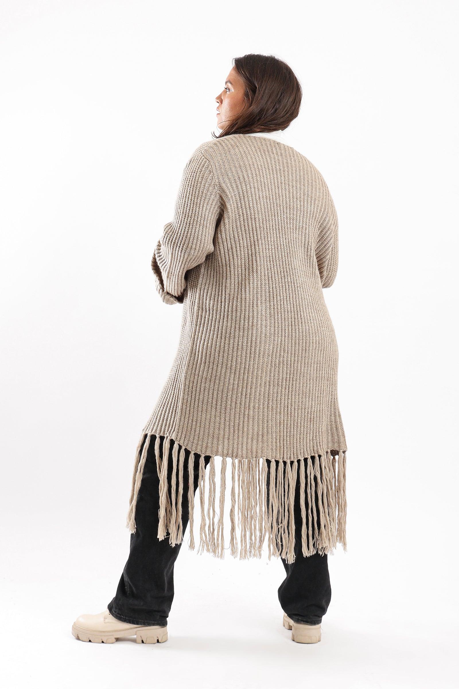 Long Wool Cardigan With Fringed Hems - Clue Wear