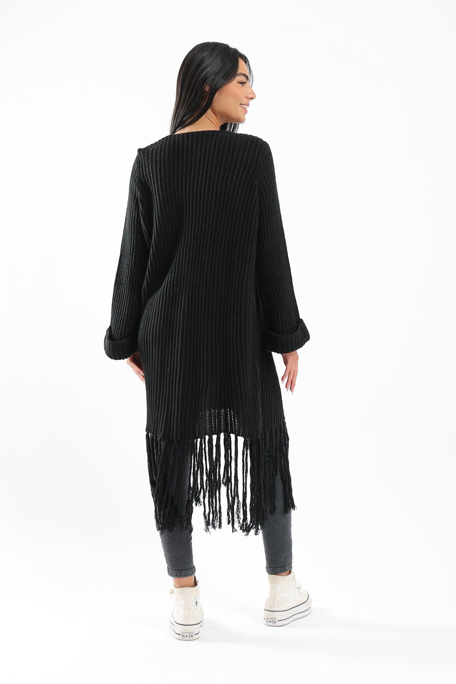 Long Wool Cardigan With Fringed Hems - Clue Wear
