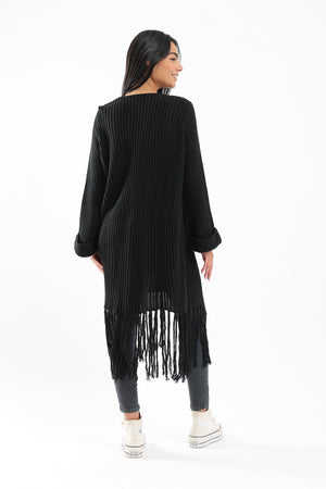 Long Wool Cardigan With Fringed Hems - Clue Wear