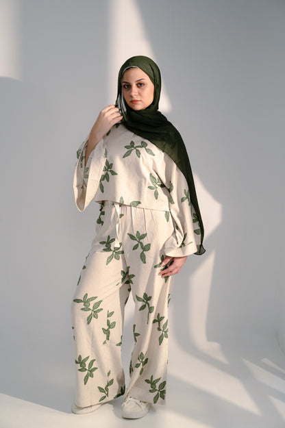 Linen Oversized Floral Print Set – Beige & Green