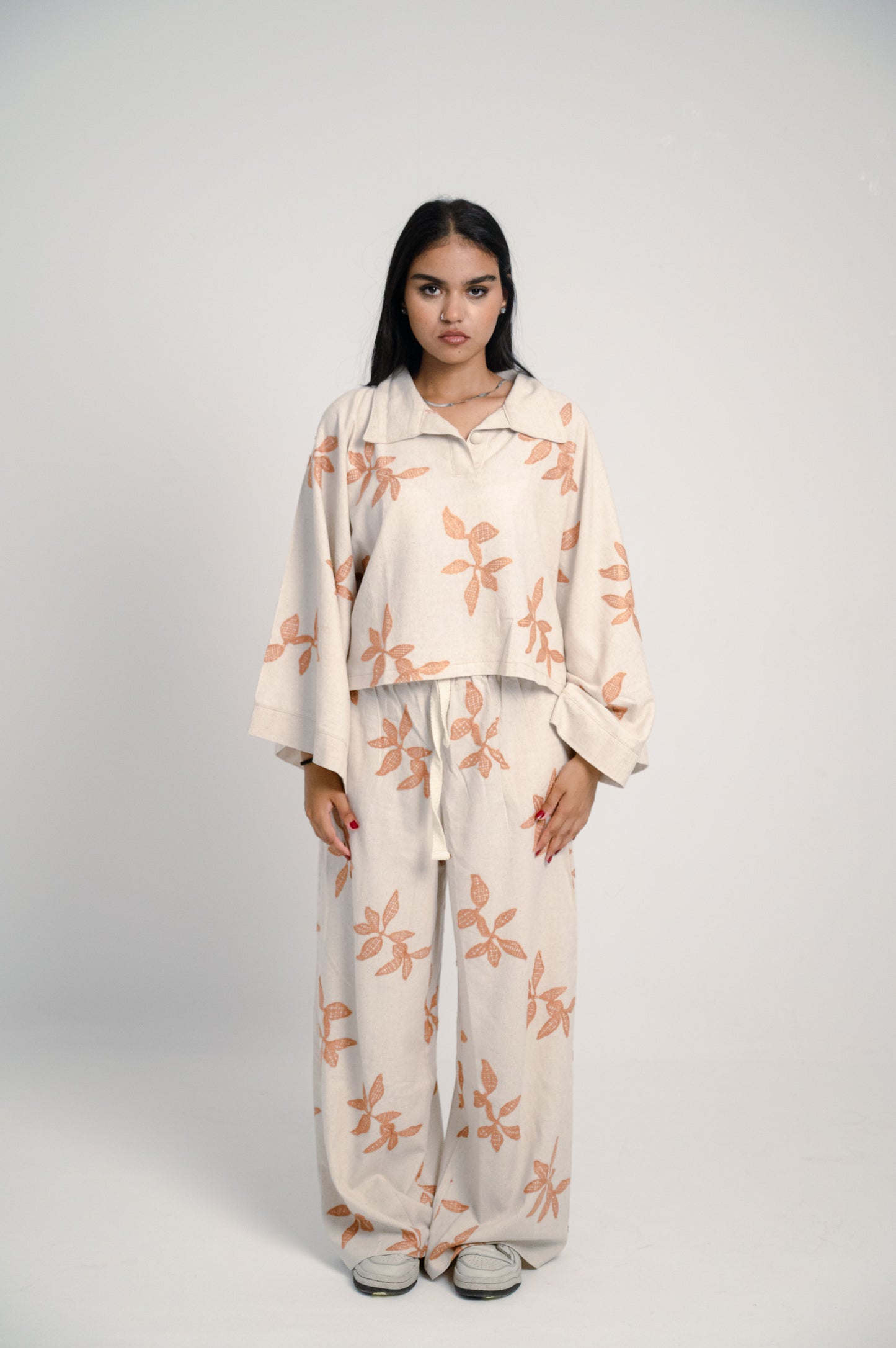 Linen Oversized Floral Print Set – Beige & Orange