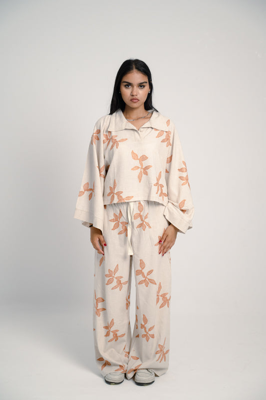 Linen Oversized Floral Print Set – Beige & Orange
