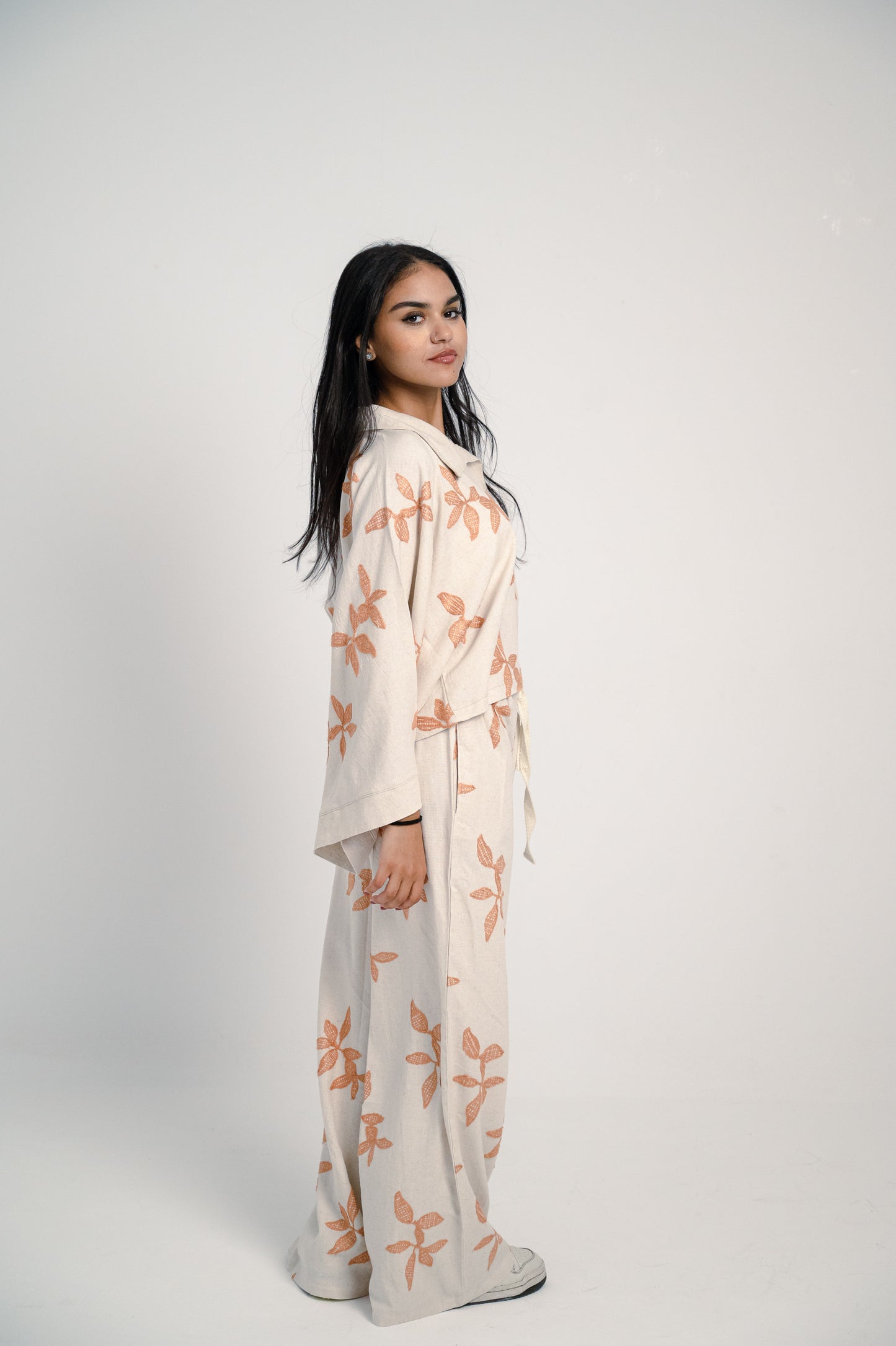 Linen Oversized Floral Print Set – Beige & Orange