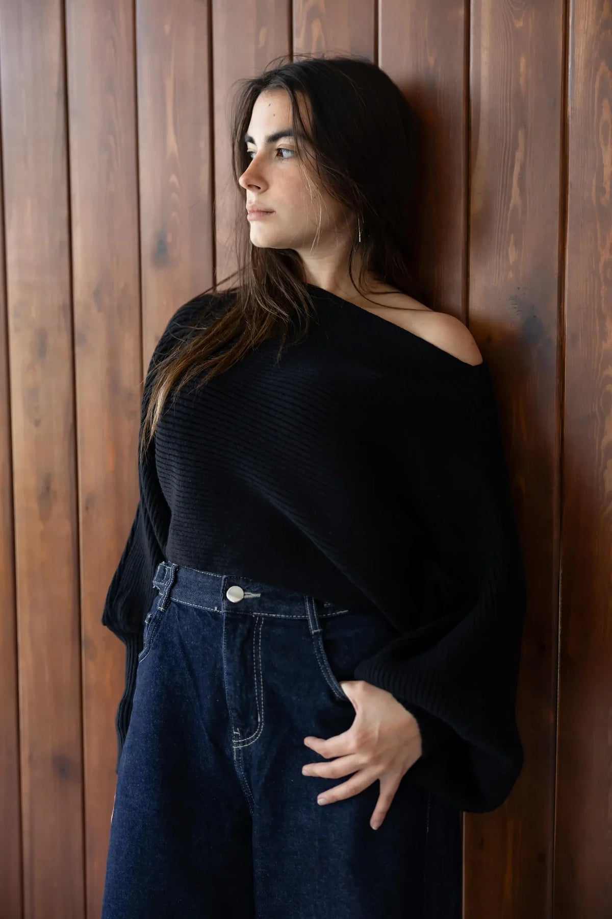 Black off-shoulder pullover - lifestyle shot