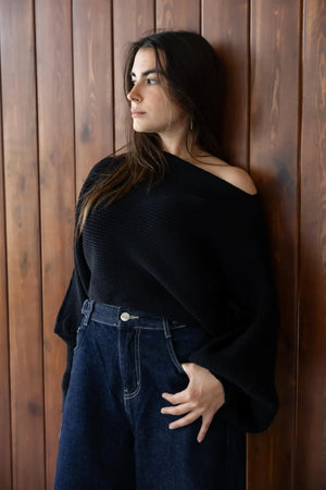 Black off-shoulder pullover - lifestyle shot