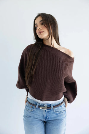 Women's cocoa brown off-shoulder ribbed knit pullover - front view