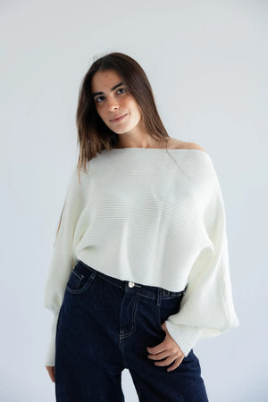 Women's ivory off-shoulder ribbed knit pullover - front view
