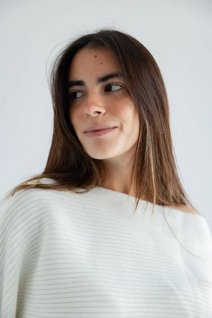 Close-up of the off-shoulder neckline and diagonal rib knit