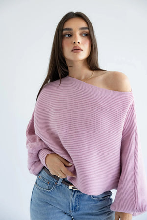 Women's lilac off-shoulder ribbed knit pullover - front view