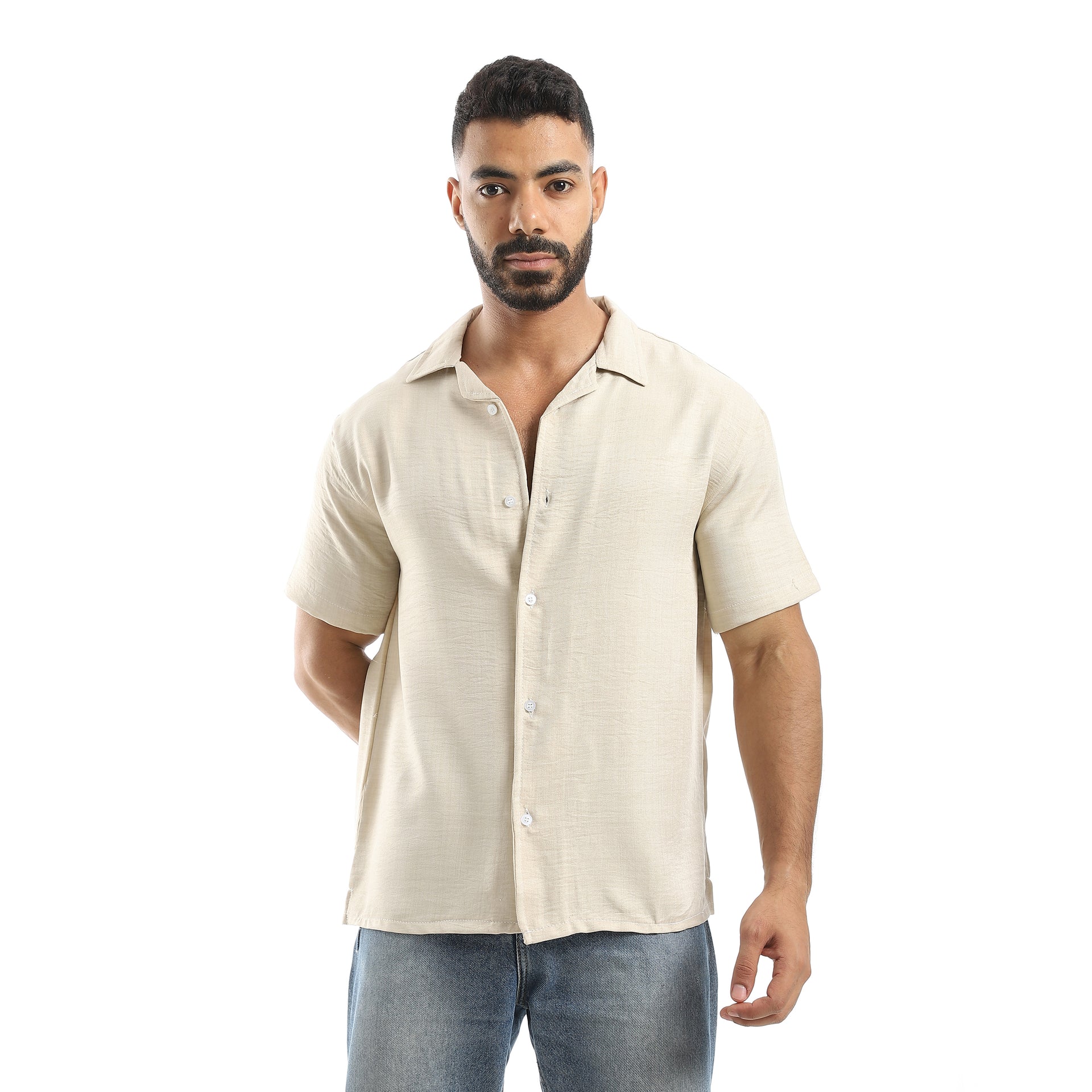 Half Sleeves Turned Down Collar Plain Button Closure Shirt