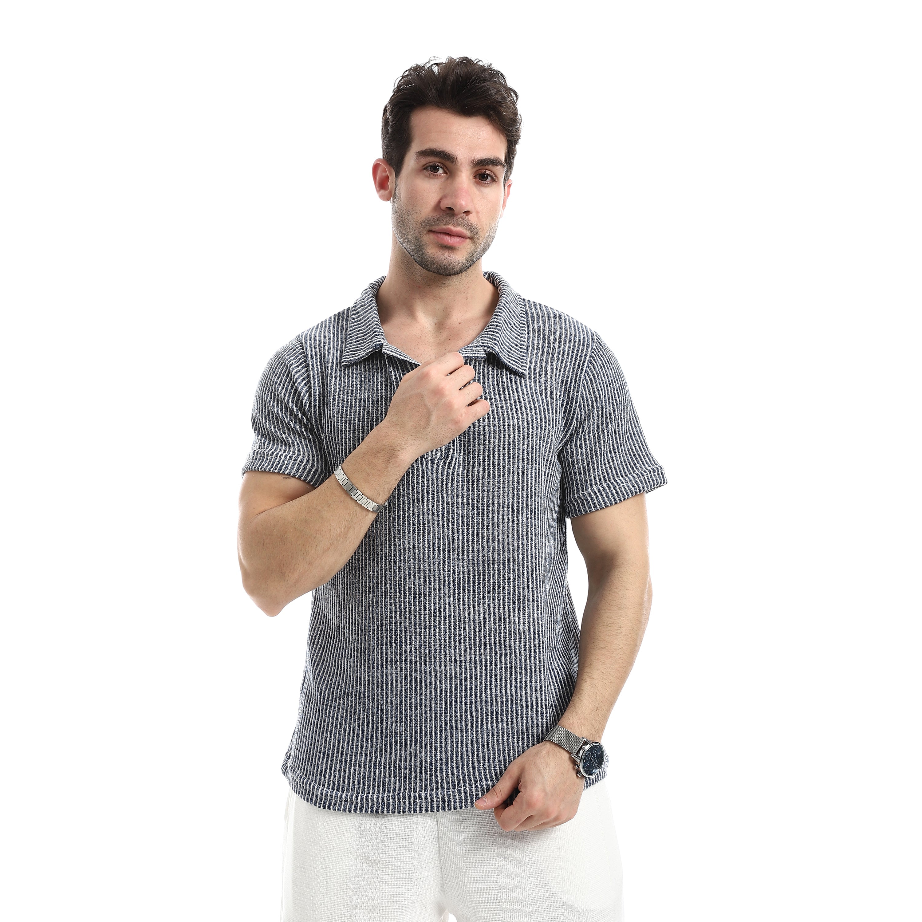 Ribbed Textured T-Shirt - Navy