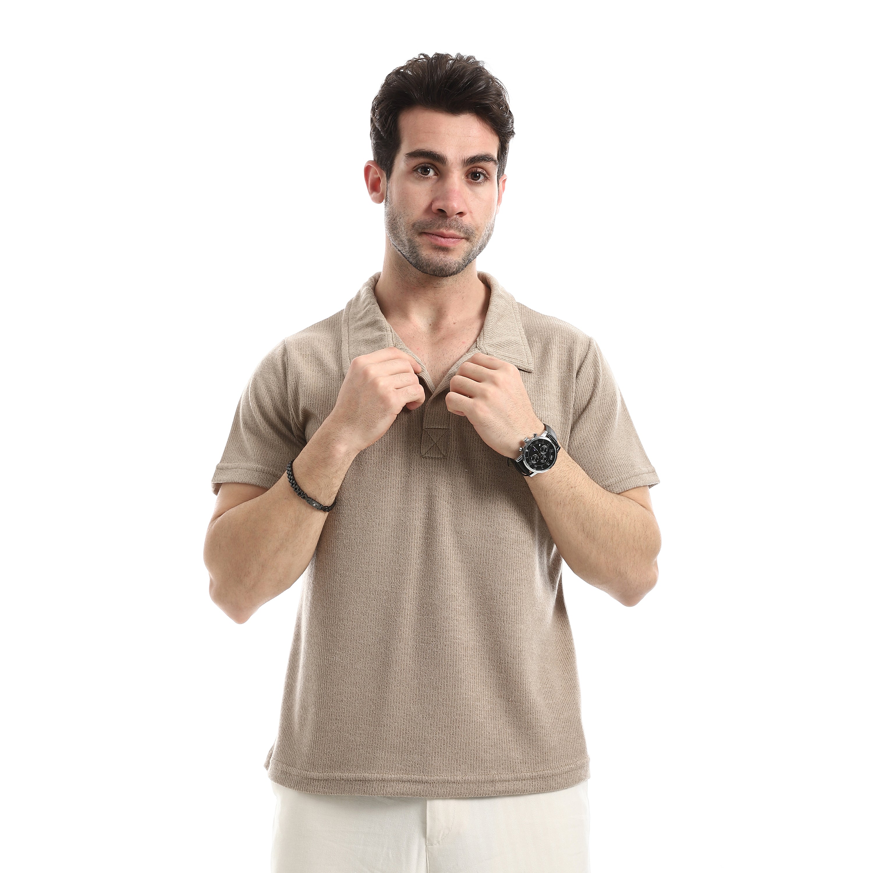 Textured Polo Neck T-Shirt - Beige