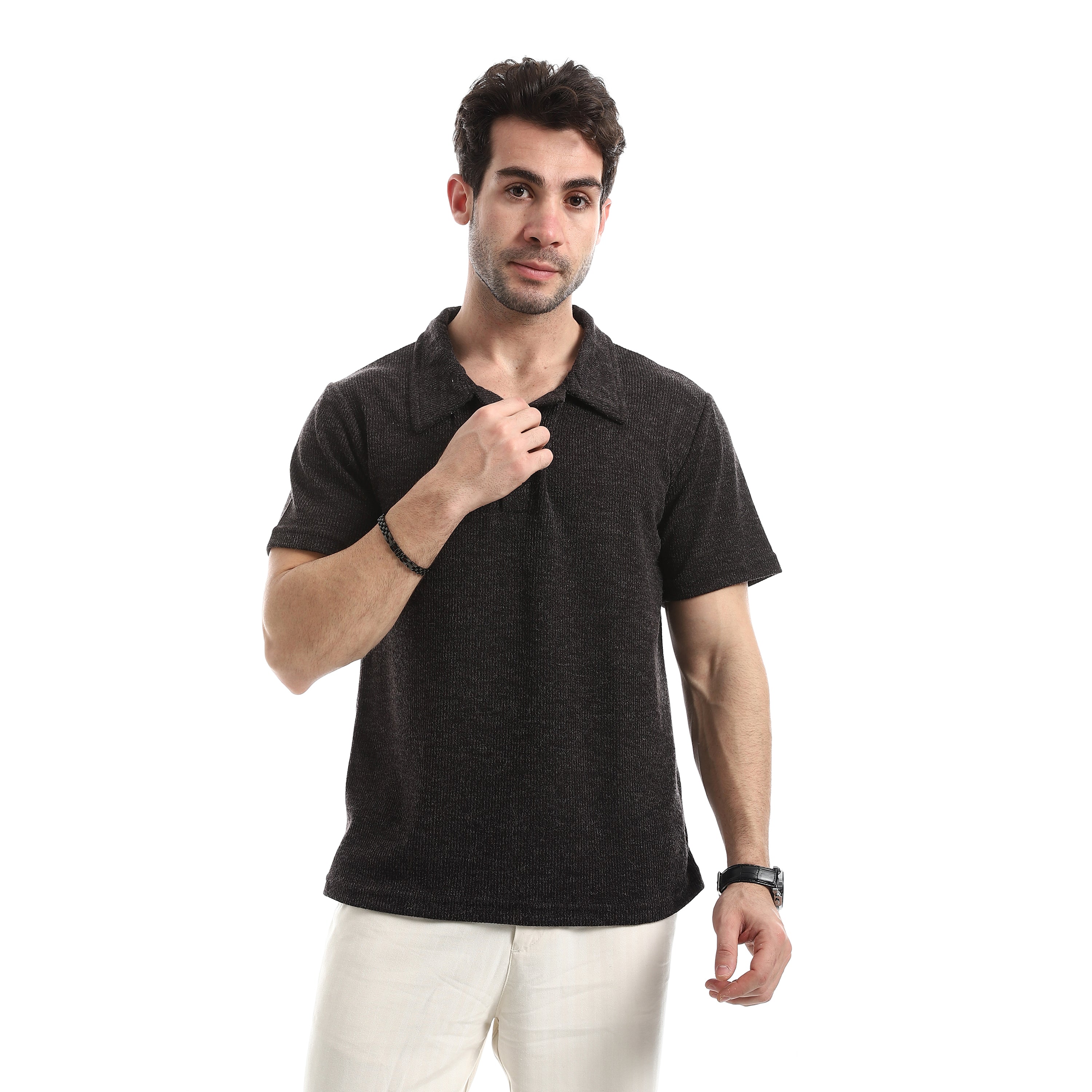 Textured Polo Neck T-Shirt - Black