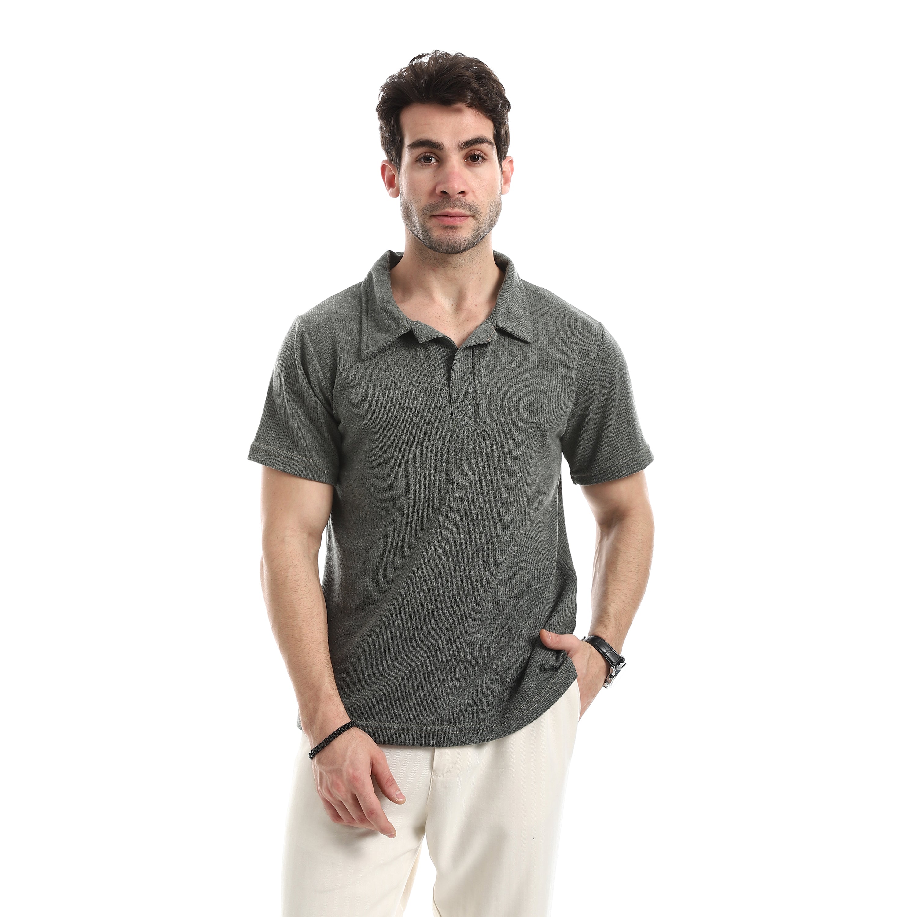 Textured Polo Neck T-Shirt - Olive