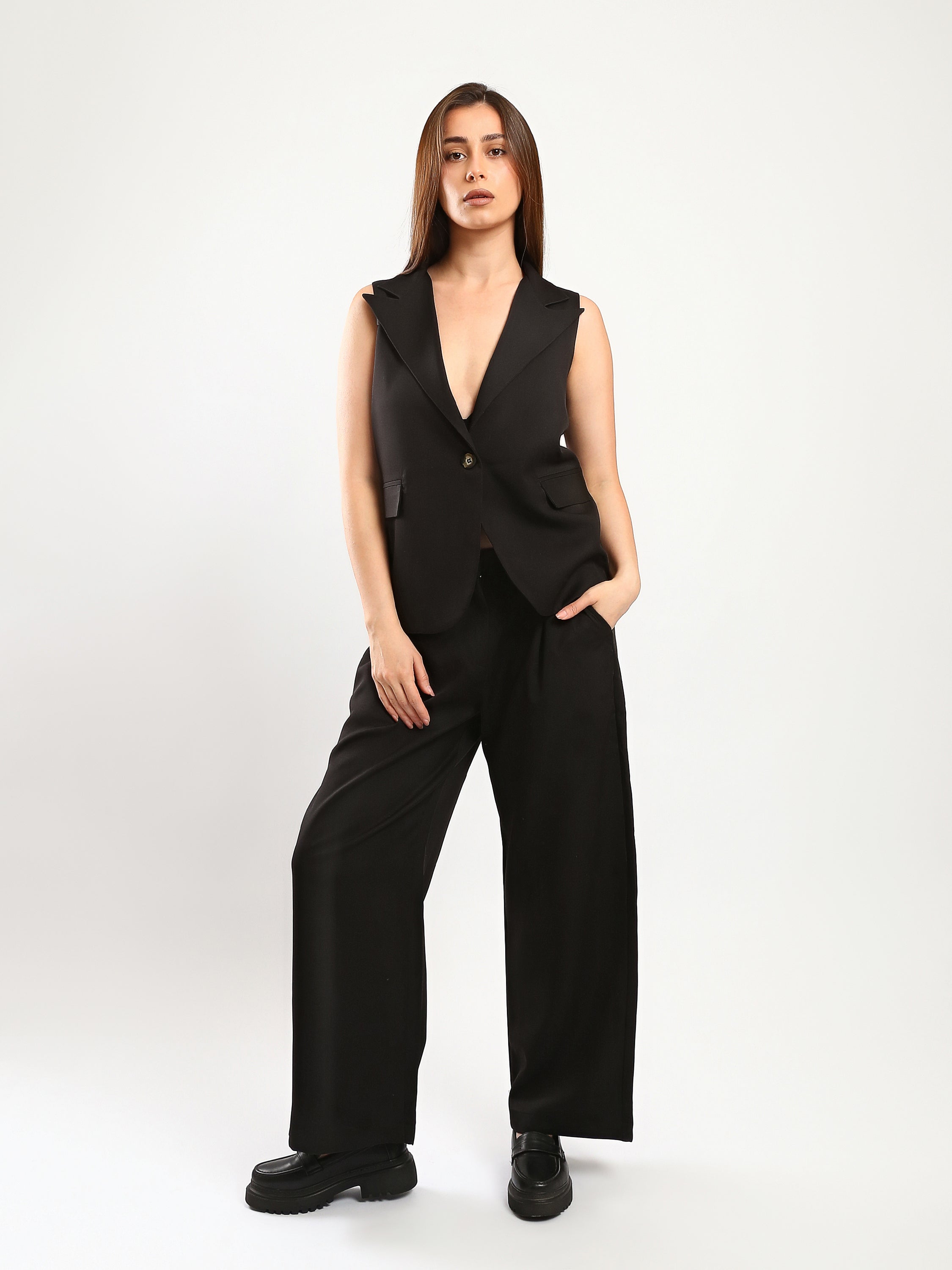 Solid Tailored Vest Pant Set – Black