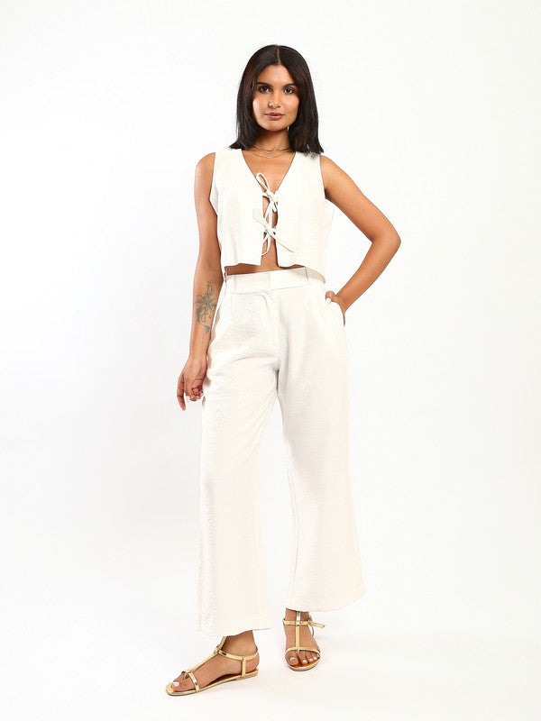 Solid Tie-Front Linen Set – White