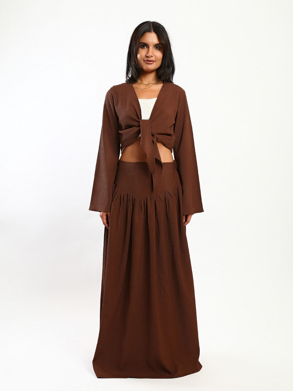 Solid Tie-Front Wrap Blouse – Dark Brown