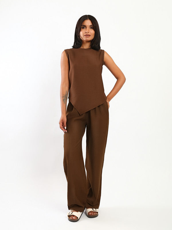 Solid Asymmetric Hem Linen Set – Dark Brown