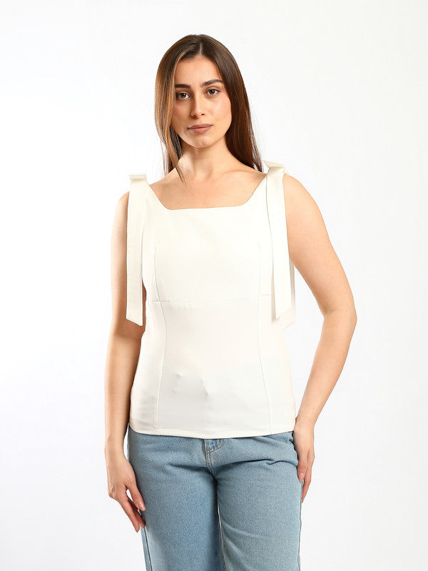 Solid Tie-Shoulder Fitted Top – White
