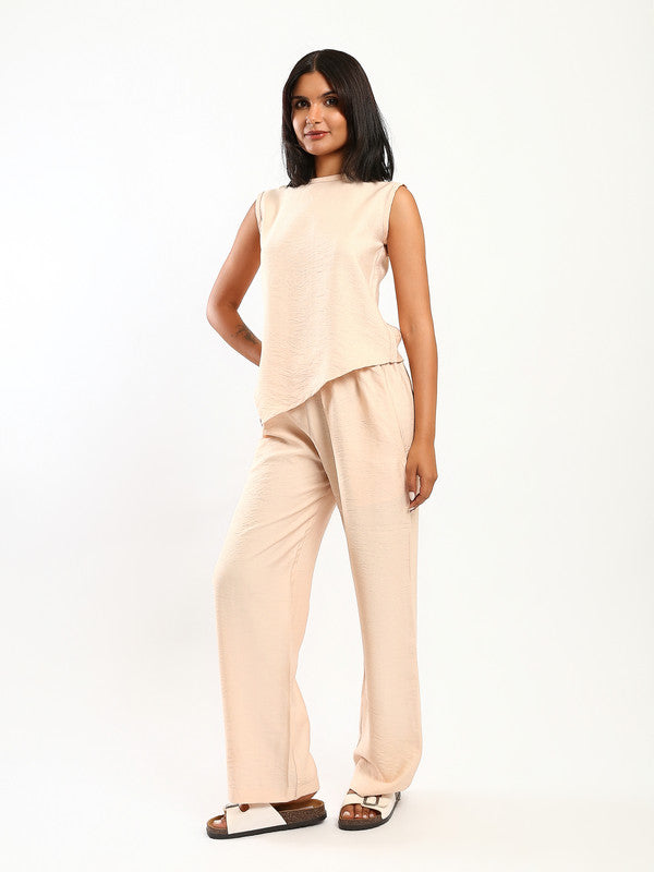 Solid Asymmetric Hem Linen Set – Beige