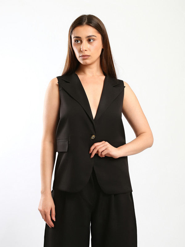 Solid V-neck Sleeveless Vest – Black