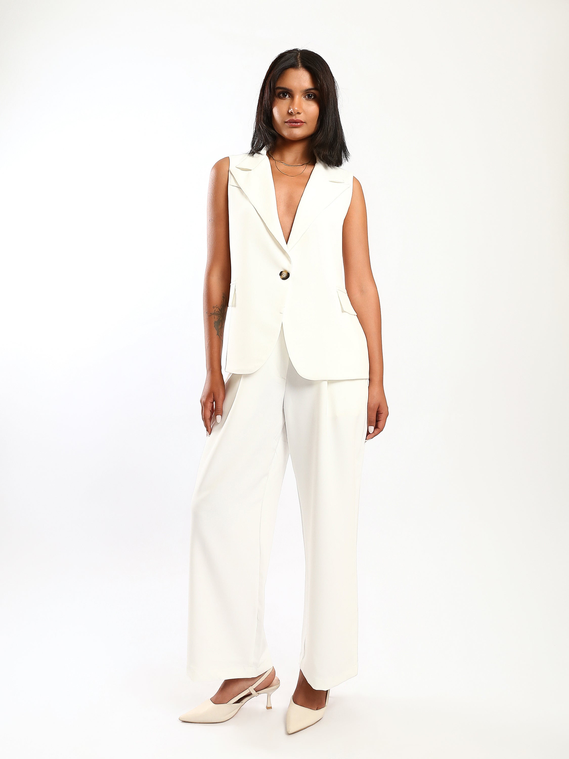 Solid Tailored Vest Pant Set – White