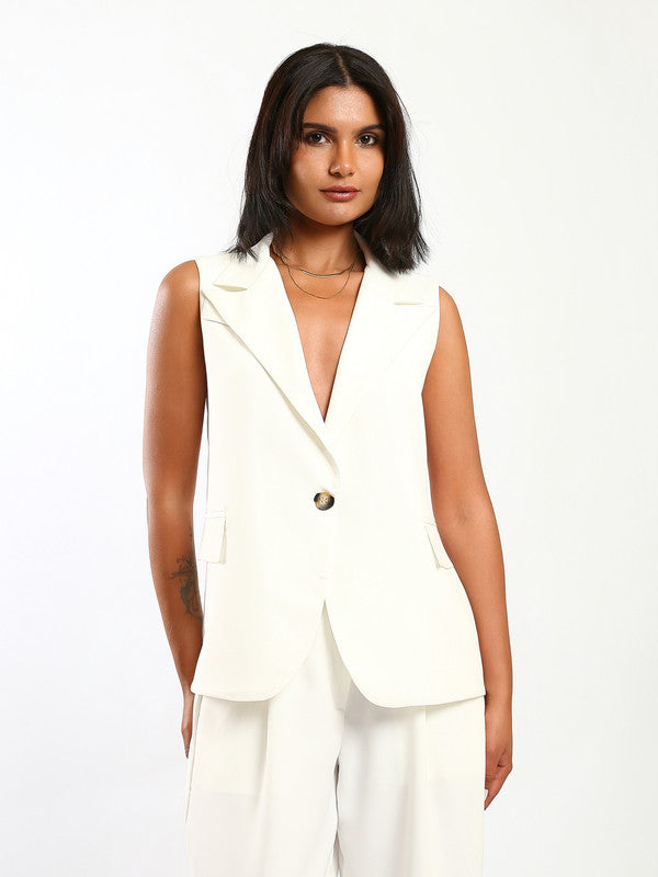 Solid V-neck Sleeveless Vest – White