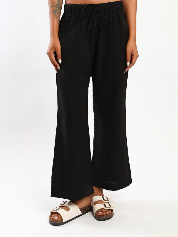 Solid Drawstring Linen Pants – Black