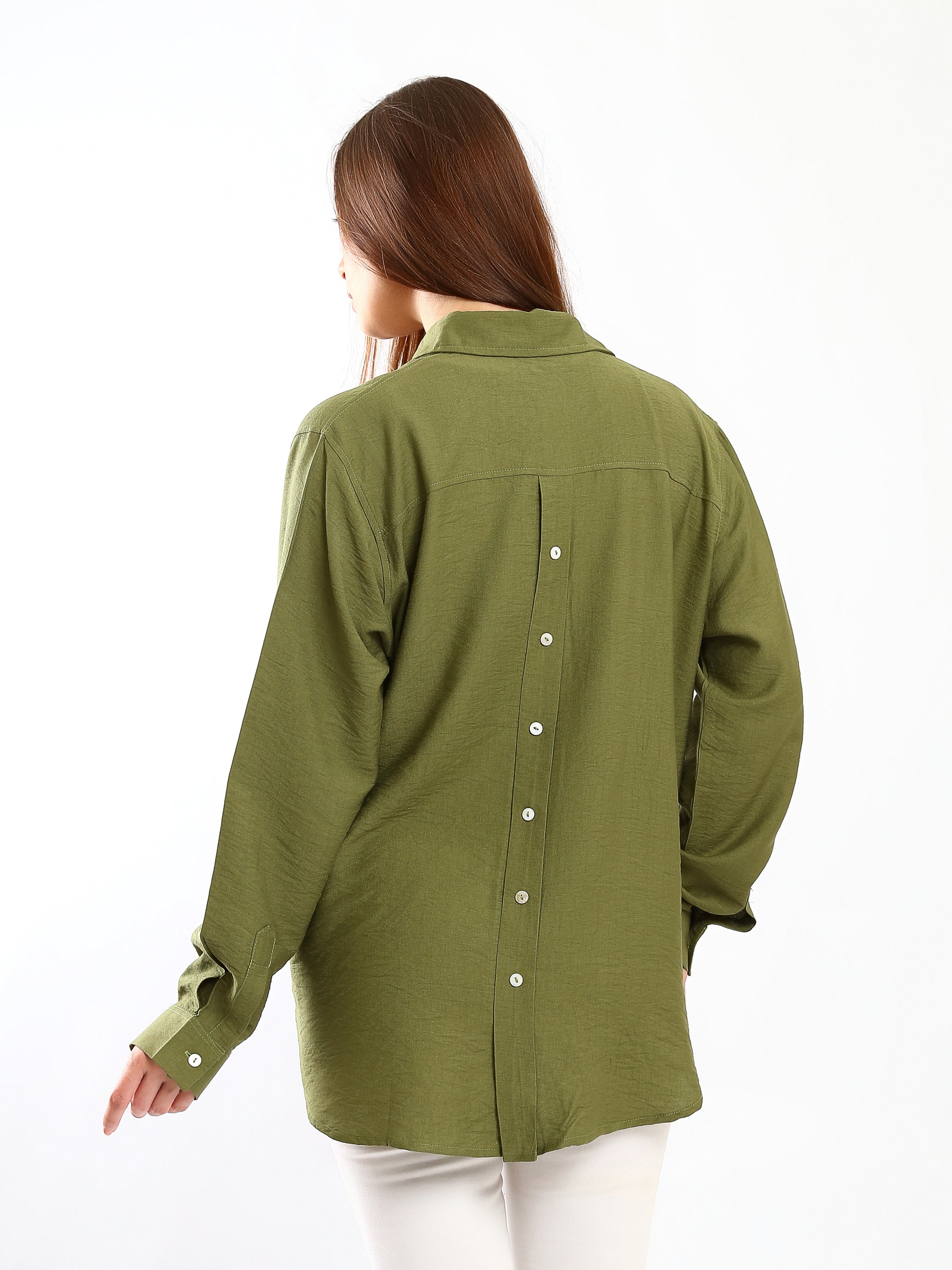 Linen Buttoned Casual Shirt with Front Pockets - Olive