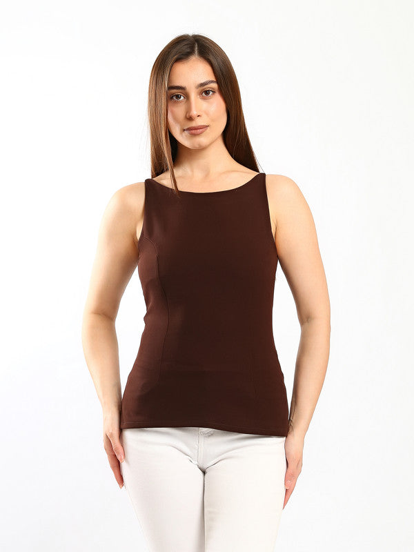 Solid Open Back Bow Blouse – Brown