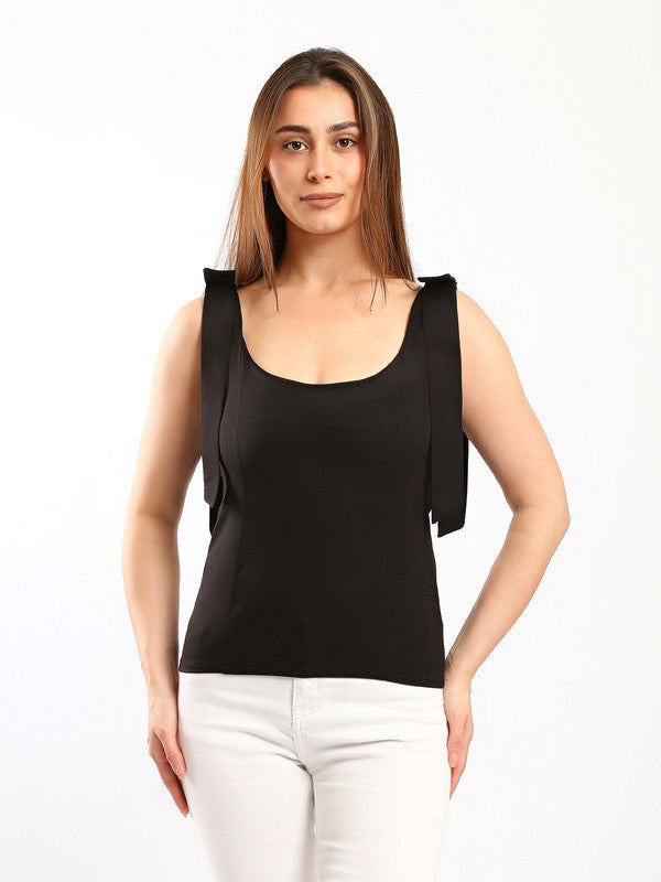 Solid Tie-Shoulder Fitted Blouse – Black