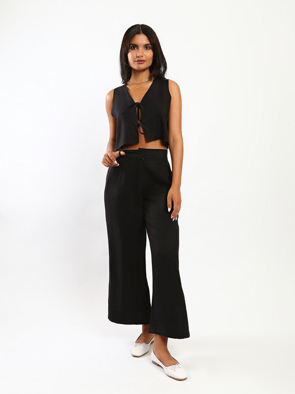 Solid Tie-Front Linen Pant Set – Black