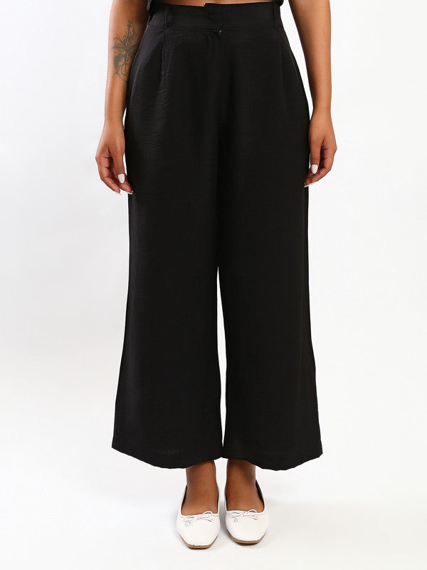 Solid Linen Wide-Leg Pants – Black