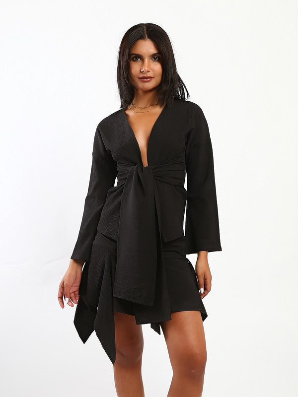 Solid Tie-Front Skirt Set – Black