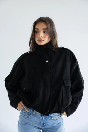 Women's black oversized utility bomber jacket - front view