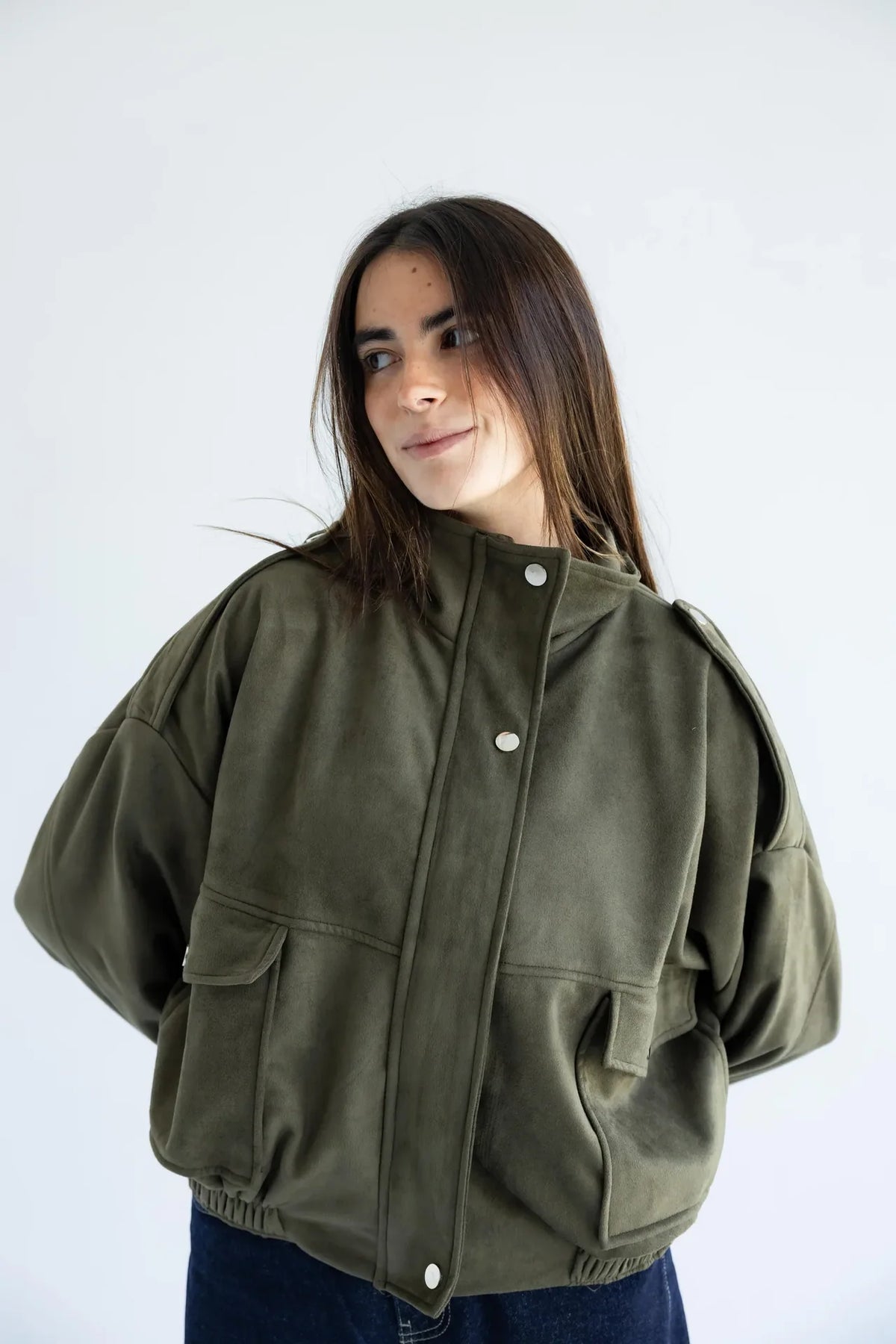Women's olive green oversized utility bomber jacket - front view