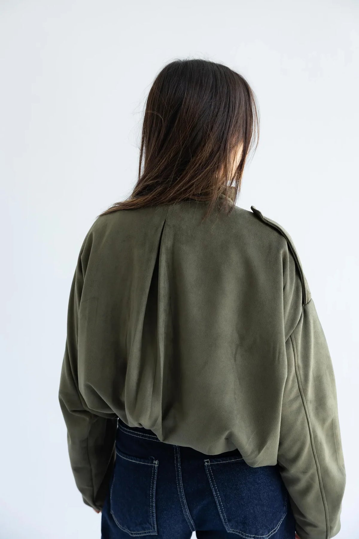 Olive green utility bomber jacket - back view